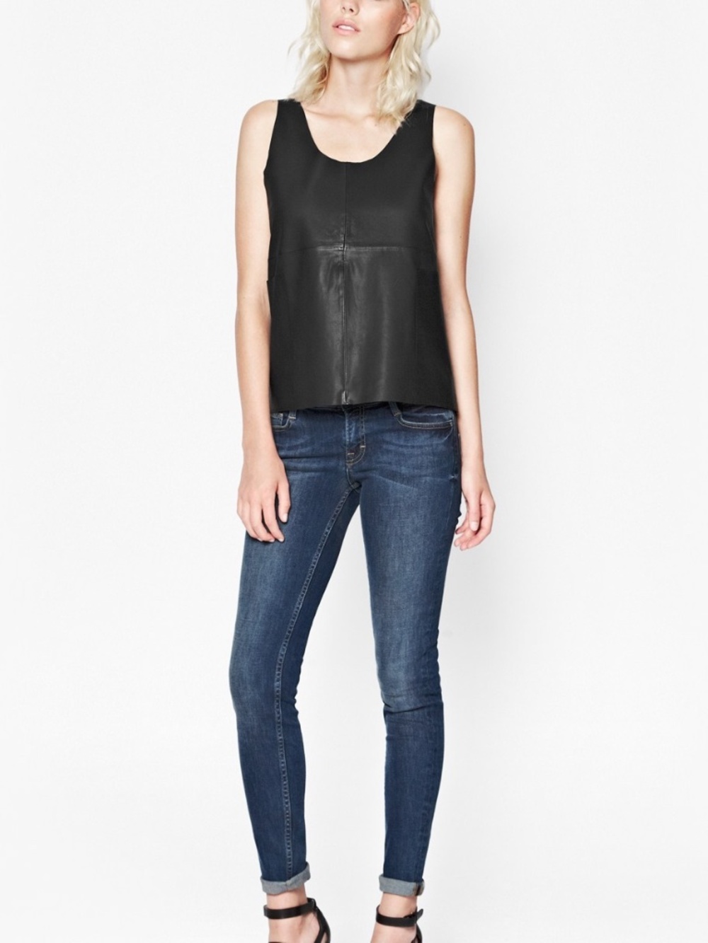 French Connection Jet 100% Black Leather Sleeveless Shell Top Vest